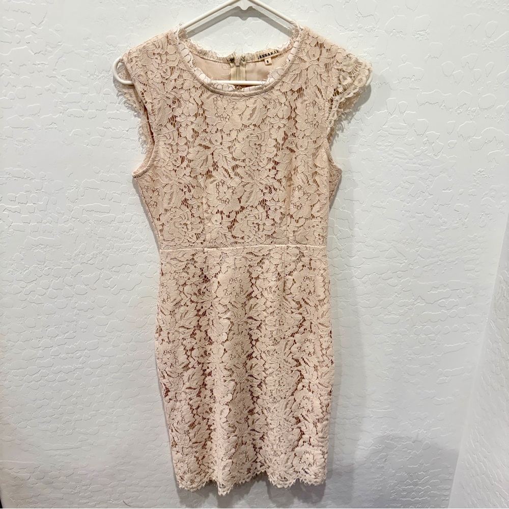 Jessakae Eyelet Lace Oatmeal Cream Dress Womens Small Mini Cocktail Party Bridal